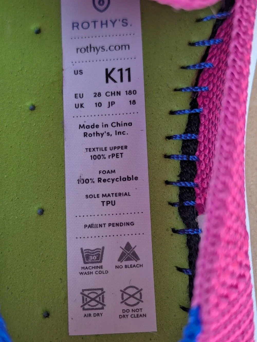 Rothy's Girls The Sneaker Bubblegum Pink Washable Knit Slip On Shoes Sz K11